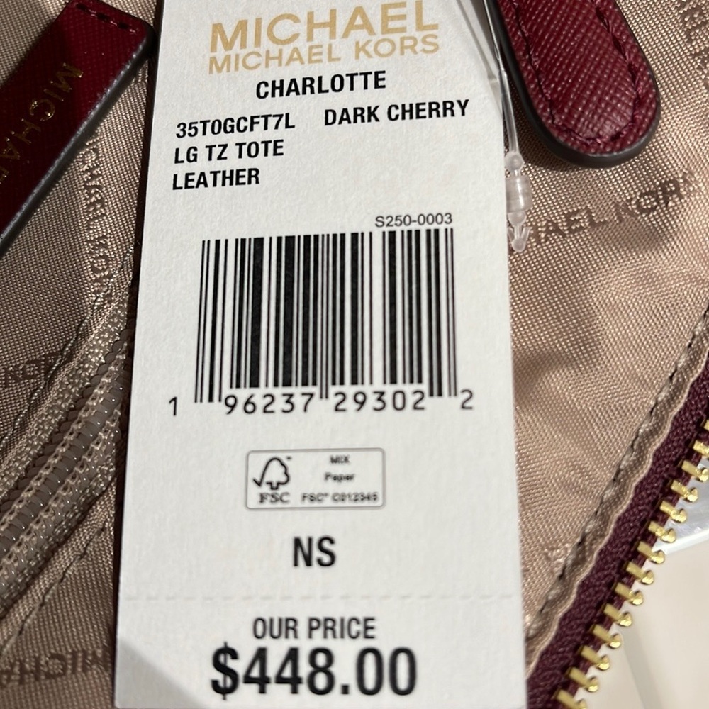 NWT MICHAEL KORS CHARLOTTE LARGE TOP ZIP TOTE BAG Dark Cherry COLOR NWT - Picture 16 of 16